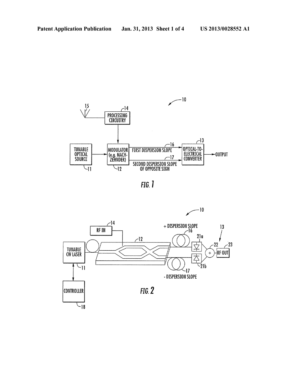 TUNABLE RF FILTER DEVICE USING OPTICAL WAVEGUIDE PATHS WITH SPLITTER AND     COMBINER PAIRS AND RELATED METHODS - diagram, schematic, and image 02