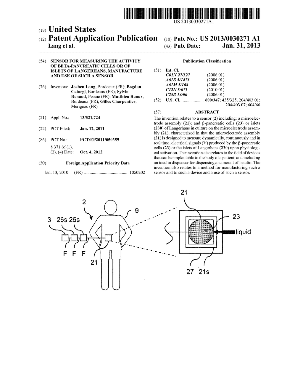 SENSOR FOR MEASURING THE ACTIVITY OF BETA-PANCREATIC CELLS OR OF ISLETS OF     LANGERHANS, MANUFACTURE AND USE OF SUCH A SENSOR - diagram, schematic, and image 01