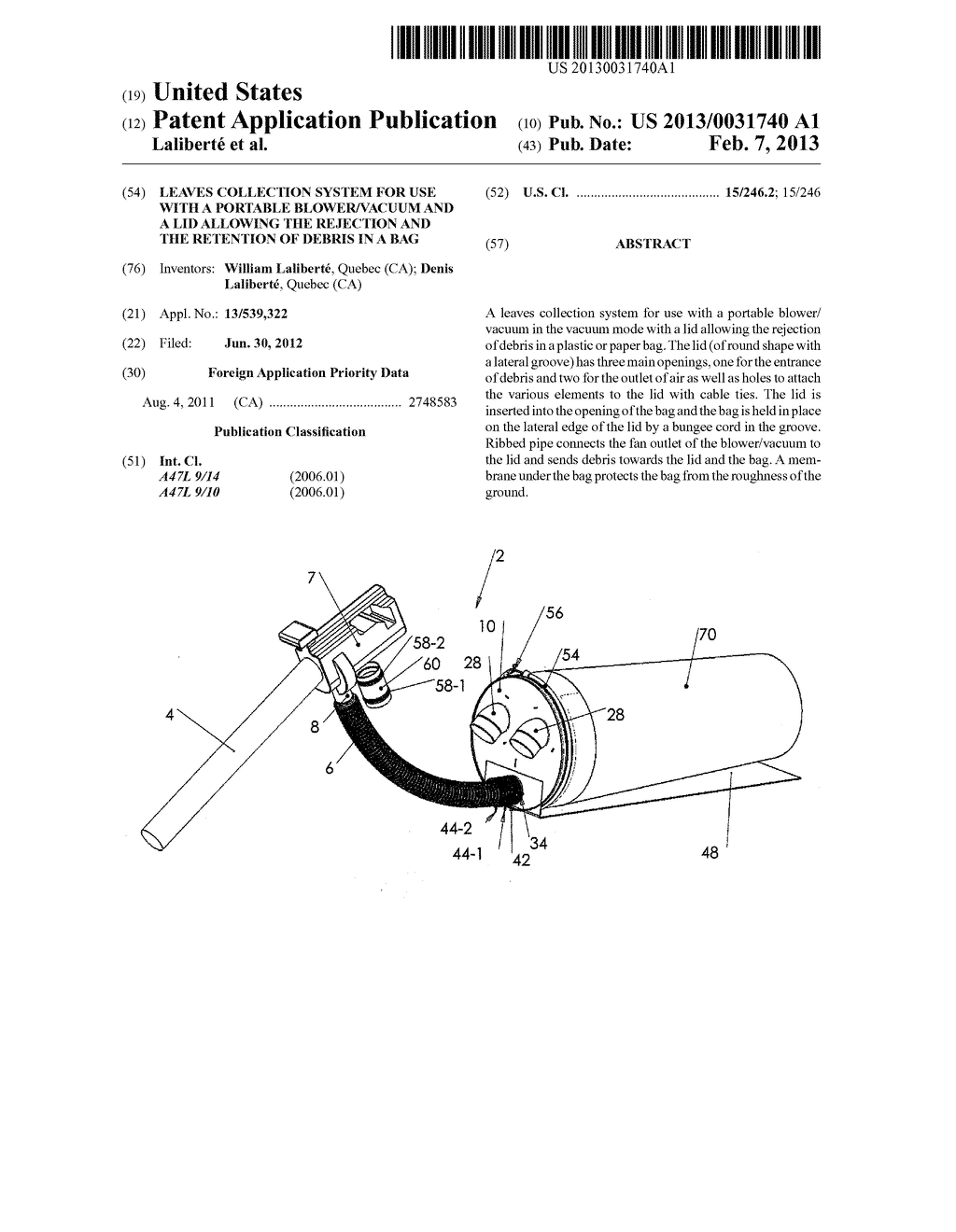 LEAVES COLLECTION SYSTEM FOR USE WITH A PORTABLE BLOWER/VACUUM AND A LID     ALLOWING THE REJECTION AND THE RETENTION OF DEBRIS IN A BAG - diagram, schematic, and image 01