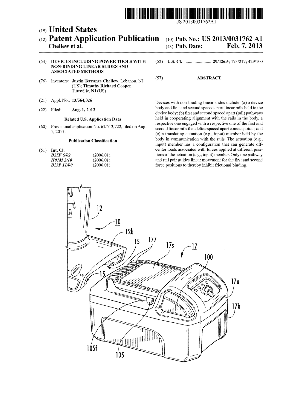 DEVICES INCLUDING POWER TOOLS WITH NON-BINDING LINEAR SLIDES AND     ASSOCIATED METHODS - diagram, schematic, and image 01