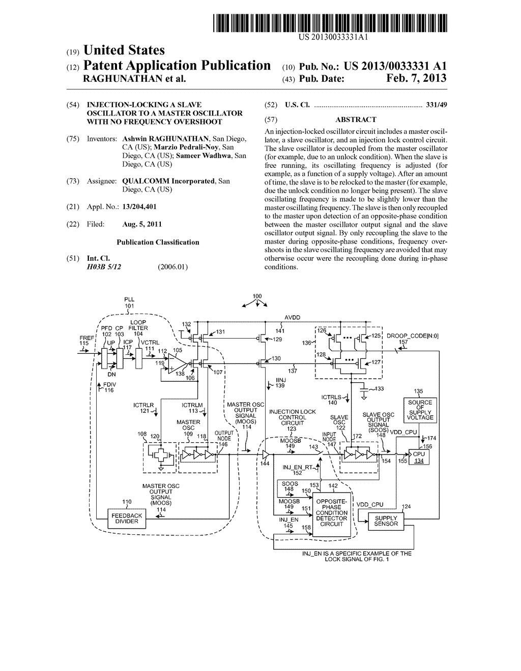 INJECTION-LOCKING A SLAVE OSCILLATOR TO A MASTER OSCILLATOR WITH NO     FREQUENCY OVERSHOOT - diagram, schematic, and image 01