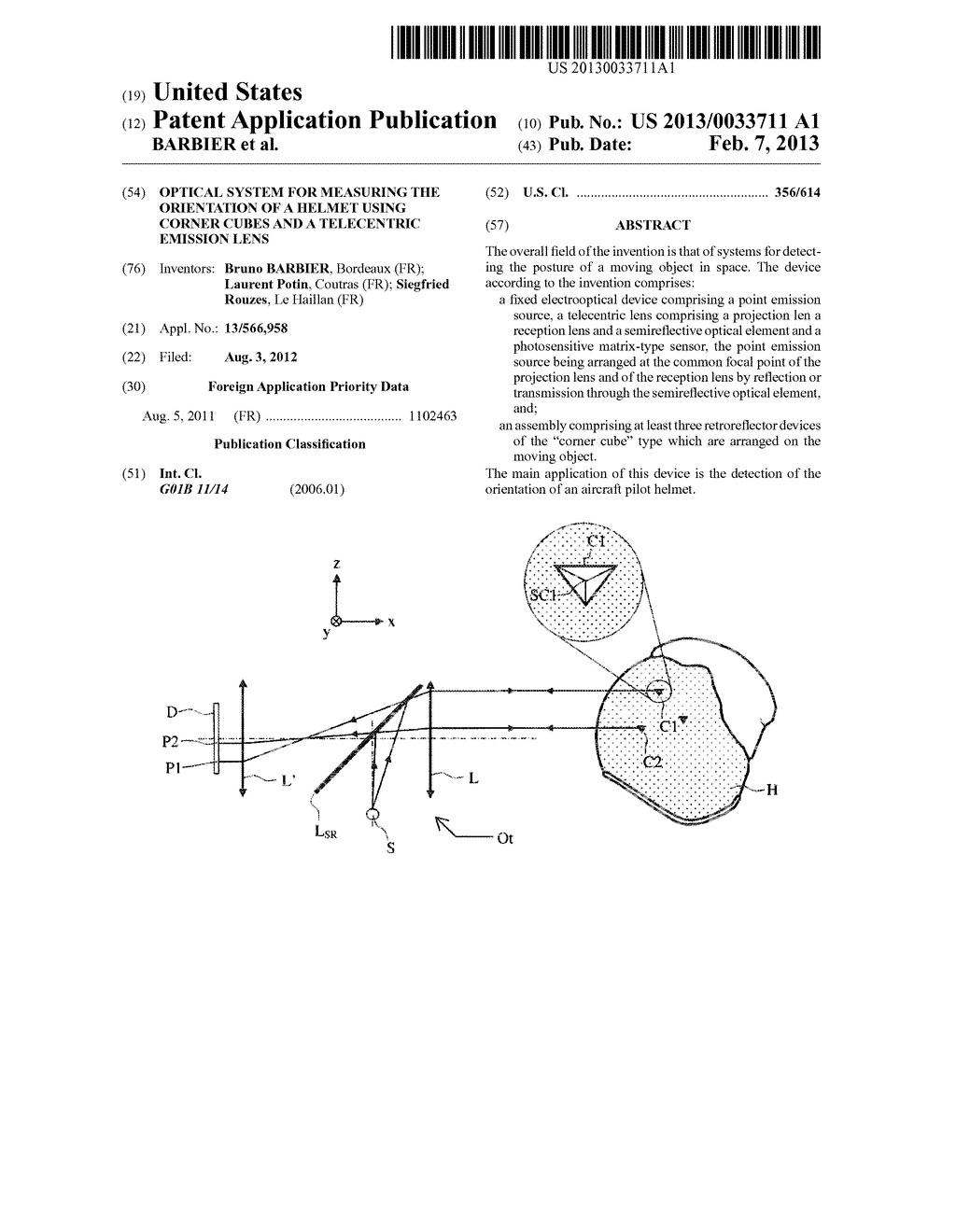 OPTICAL SYSTEM FOR MEASURING THE ORIENTATION OF A HELMET USING CORNER     CUBES AND A TELECENTRIC EMISSION LENS - diagram, schematic, and image 01