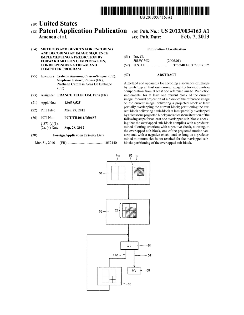 METHODS AND DEVICES FOR ENCODING AND DECODING AN IMAGE SEQUENCE     IMPLEMENTING A PREDICTION BY FORWARD MOTION COMPENSATION, CORRESPONDING     STREAM AND COMPUTER PROGRAM - diagram, schematic, and image 01