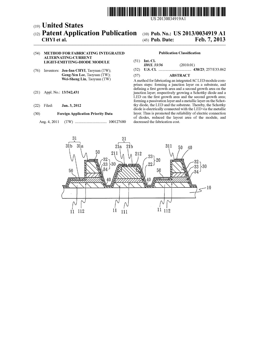 METHOD FOR FABRICATING INTEGRATED ALTERNATING-CURRENT LIGHT-EMITTING-DIODE     MODULE - diagram, schematic, and image 01