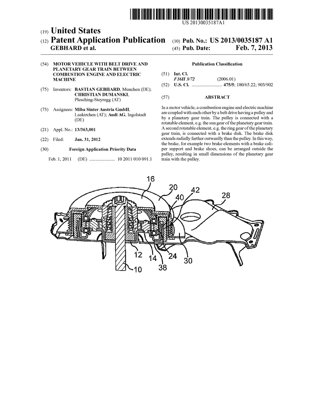 MOTOR VEHICLE WITH BELT DRIVE AND PLANETARY GEAR TRAIN BETWEEN COMBUSTION     ENGINE AND ELECTRIC MACHINE - diagram, schematic, and image 01