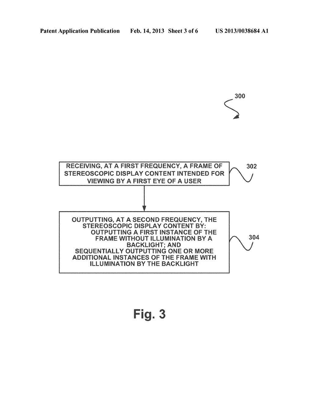 SYSTEM, METHOD, AND COMPUTER PROGRAM PRODUCT FOR RECEIVING STEREOSCOPIC     DISPLAY CONTENT AT ONE FREQUENCY AND OUTPUTTING THE STEREOSCOPIC DISPLAY     CONTENT AT ANOTHER FREQUENCY - diagram, schematic, and image 04