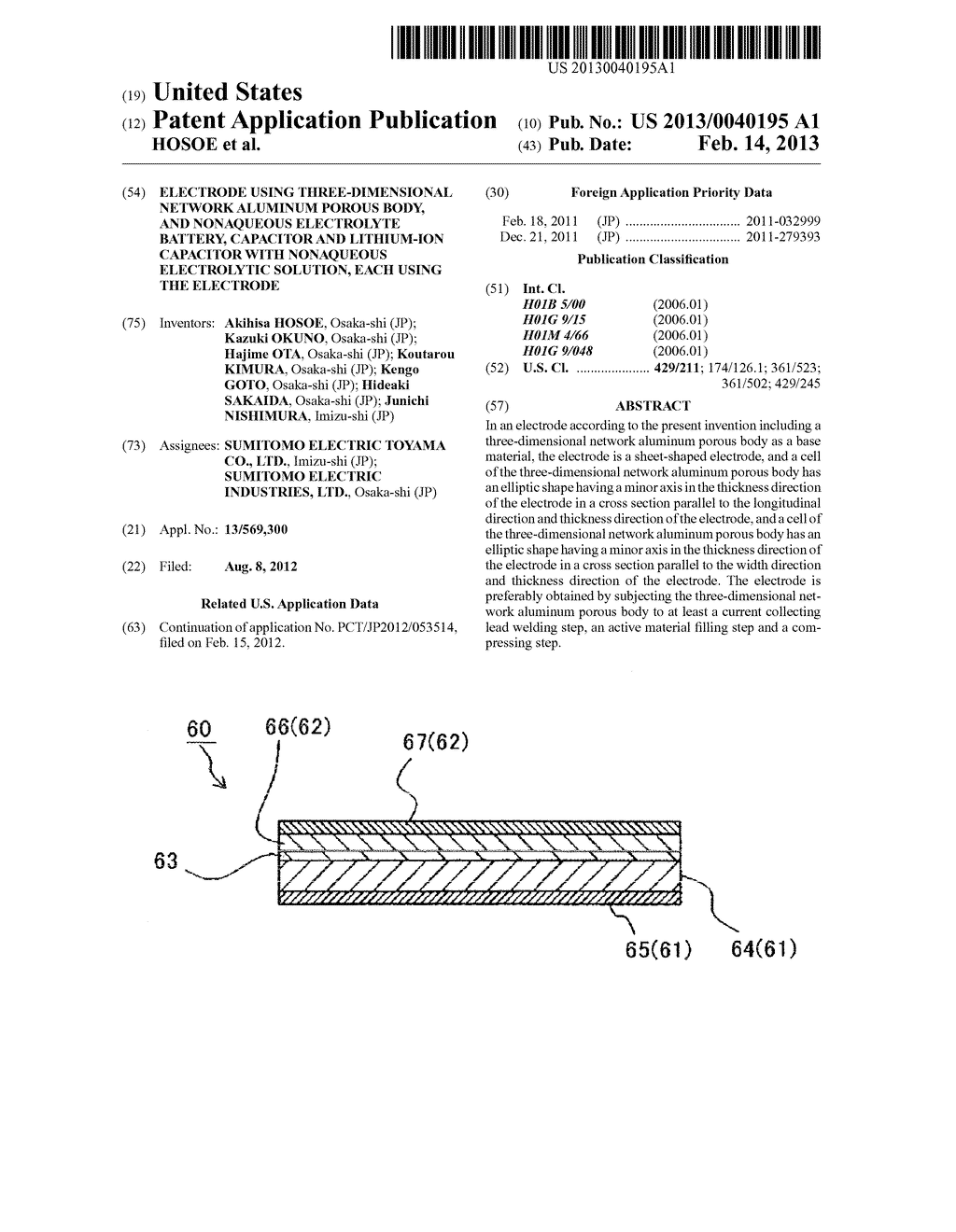 ELECTRODE USING THREE-DIMENSIONAL NETWORK ALUMINUM POROUS BODY, AND     NONAQUEOUS ELECTROLYTE BATTERY, CAPACITOR AND LITHIUM-ION CAPACITOR WITH     NONAQUEOUS ELECTROLYTIC SOLUTION, EACH USING THE ELECTRODE - diagram, schematic, and image 01