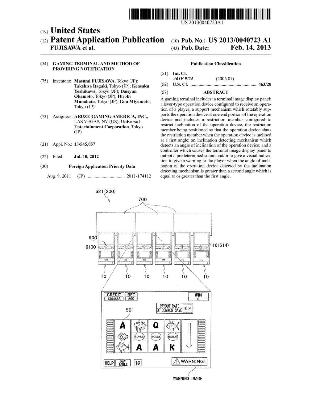 GAMING TERMINAL AND METHOD OF PROVIDING NOTIFICATION - diagram, schematic, and image 01