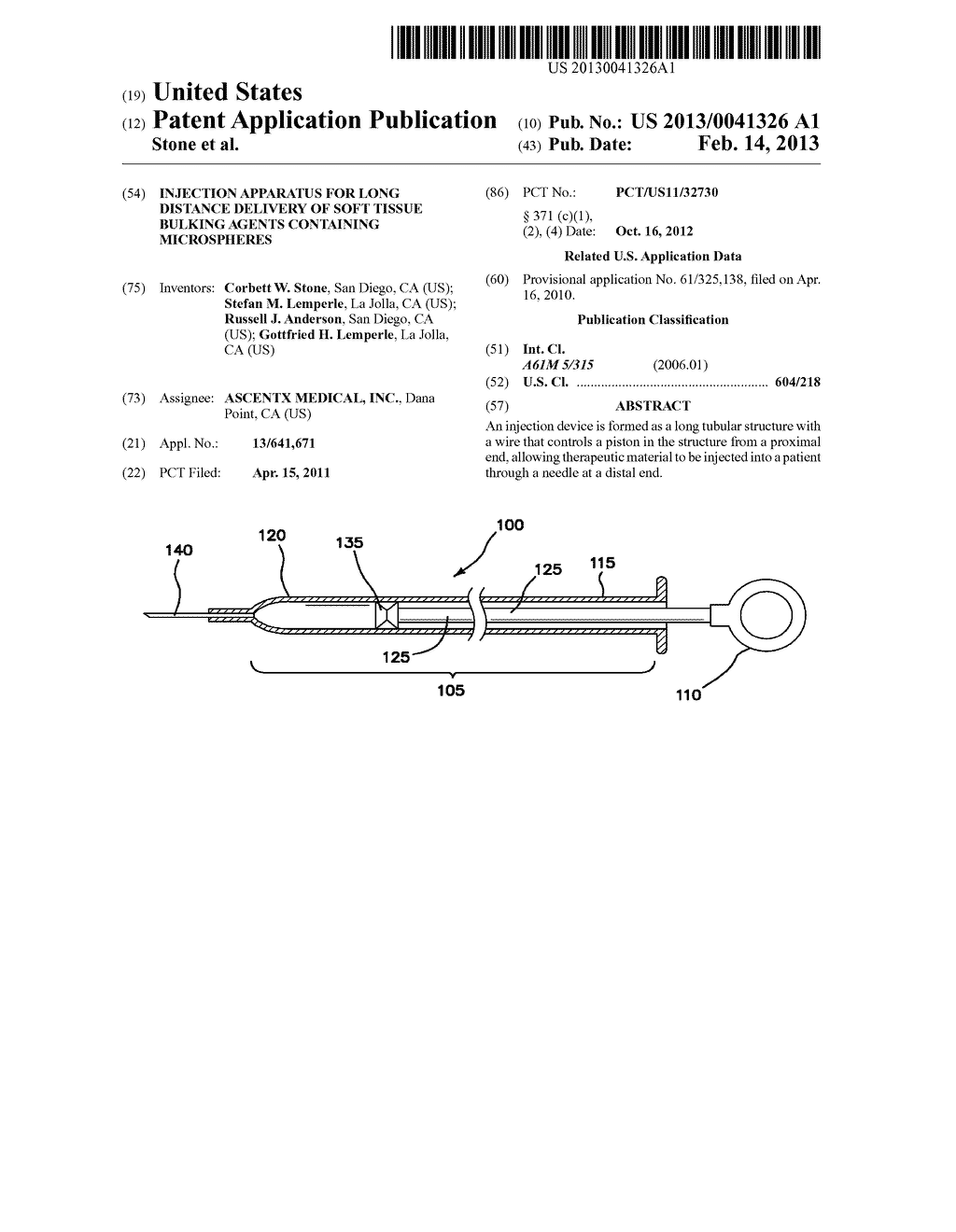 INJECTION APPARATUS FOR LONG DISTANCE DELIVERY OF SOFT TISSUE BULKING     AGENTS CONTAINING MICROSPHERES - diagram, schematic, and image 01