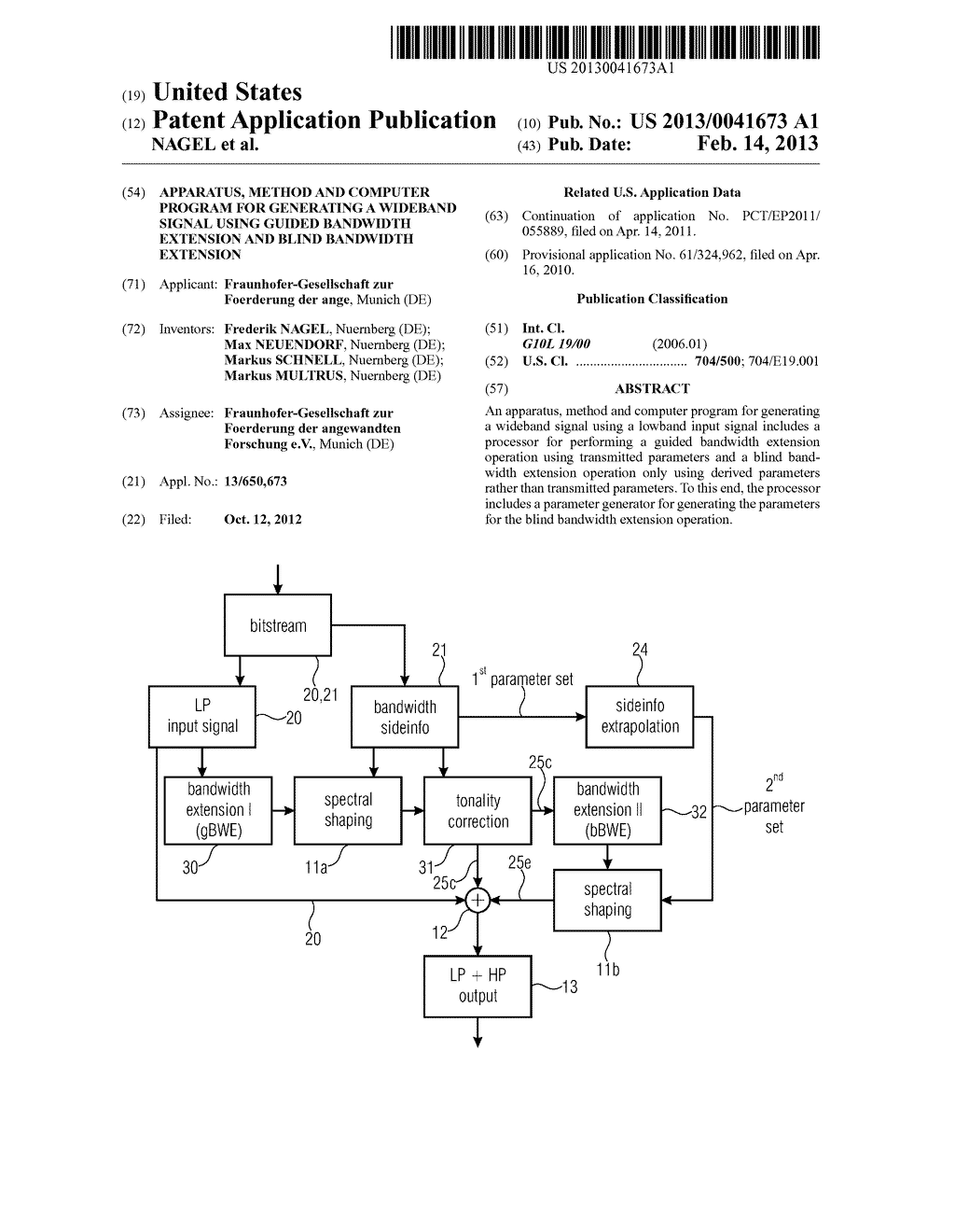 APPARATUS, METHOD AND COMPUTER PROGRAM FOR GENERATING A WIDEBAND SIGNAL     USING GUIDED BANDWIDTH EXTENSION AND BLIND BANDWIDTH EXTENSION - diagram, schematic, and image 01