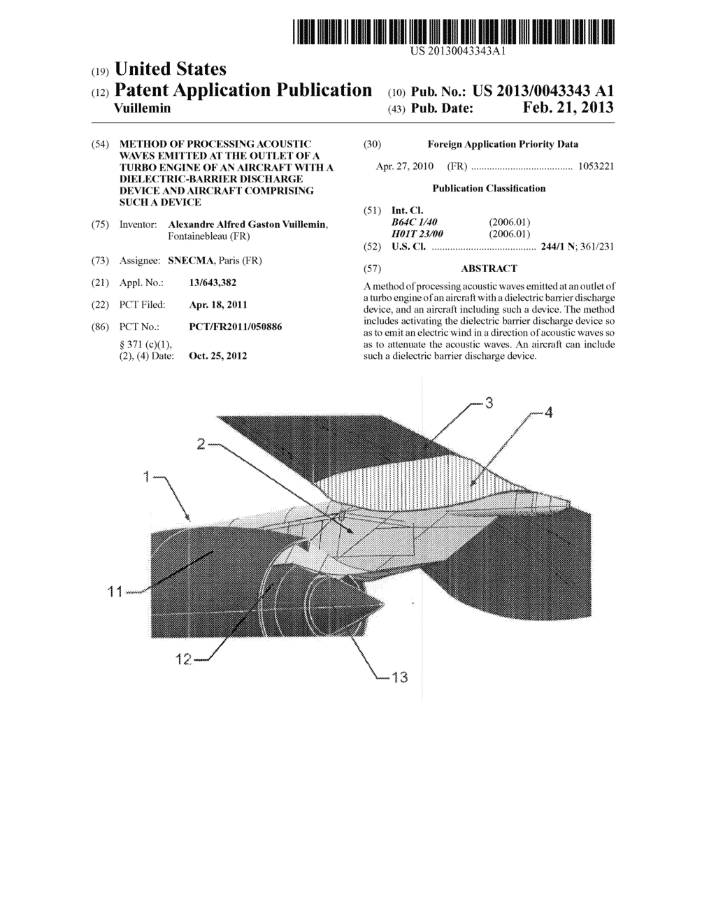 METHOD OF PROCESSING ACOUSTIC WAVES EMITTED AT THE OUTLET OF A TURBO     ENGINE OF AN AIRCRAFT WITH A DIELECTRIC-BARRIER DISCHARGE DEVICE AND     AIRCRAFT COMPRISING SUCH A DEVICE - diagram, schematic, and image 01