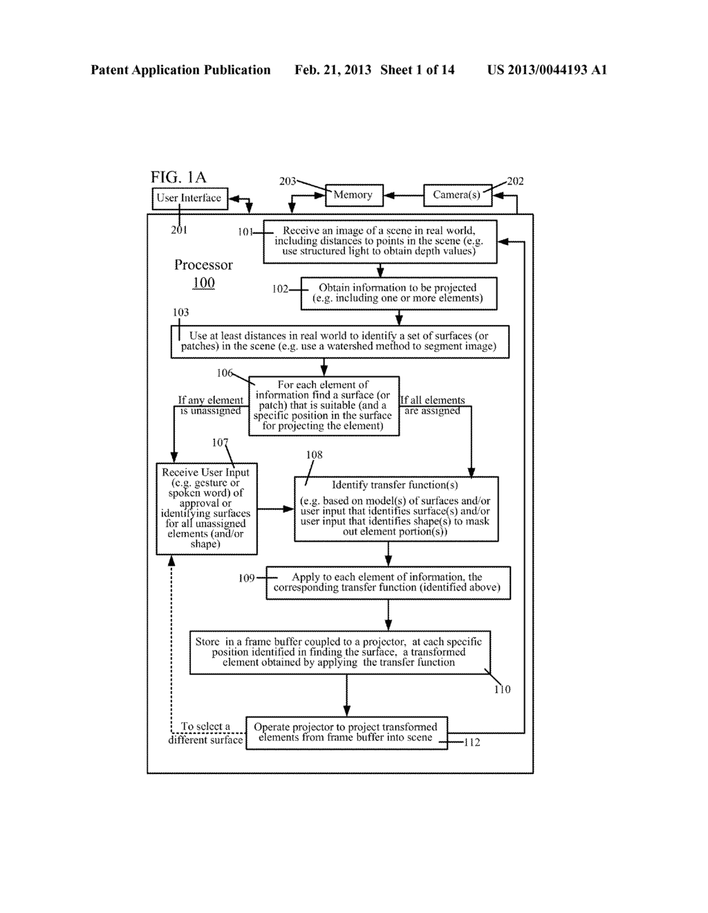 DYNAMIC SELECTION OF SURFACES IN REAL WORLD FOR PROJECTION OF INFORMATION     THEREON - diagram, schematic, and image 02