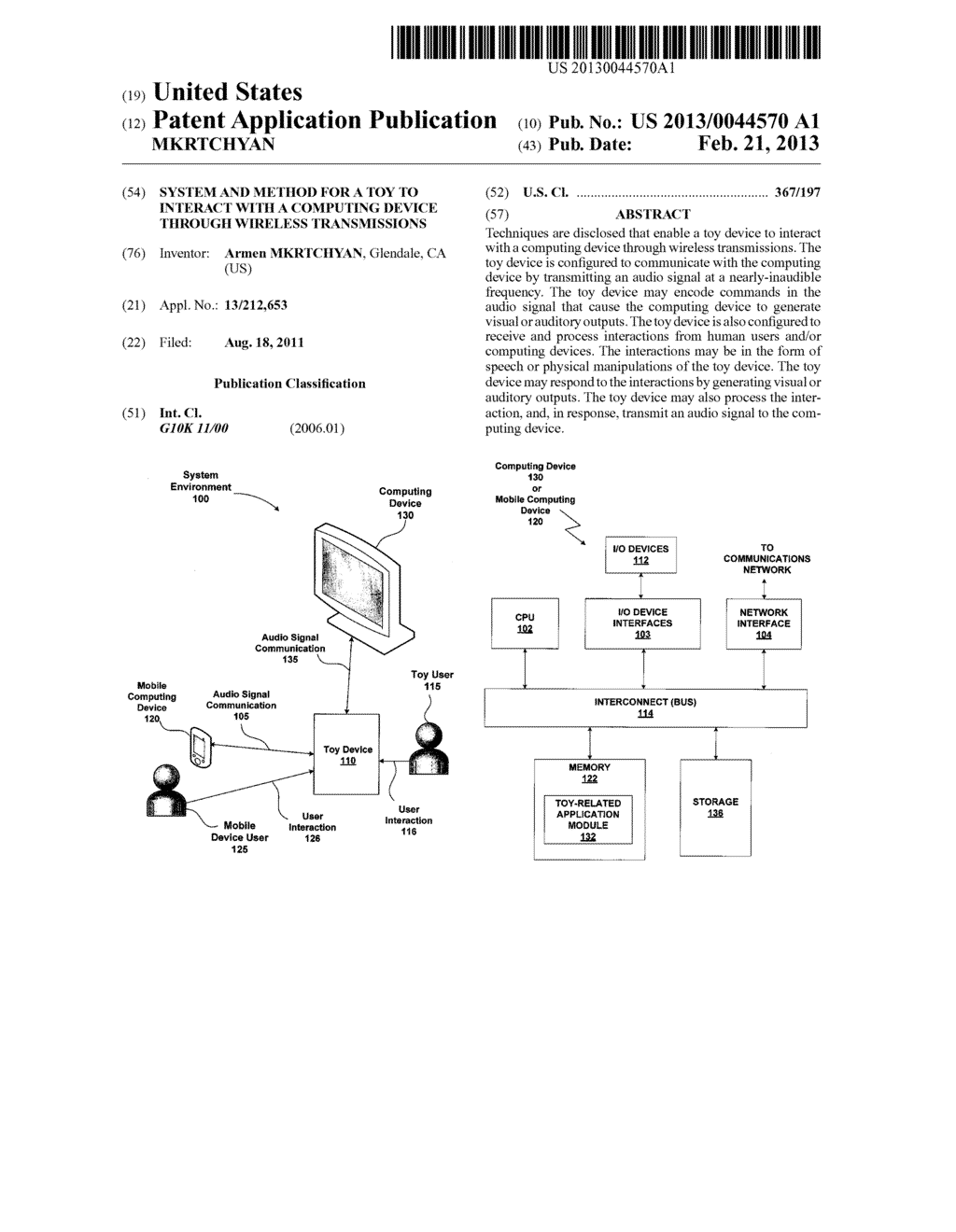 SYSTEM AND METHOD FOR A TOY TO INTERACT WITH A COMPUTING DEVICE THROUGH     WIRELESS TRANSMISSIONS - diagram, schematic, and image 01