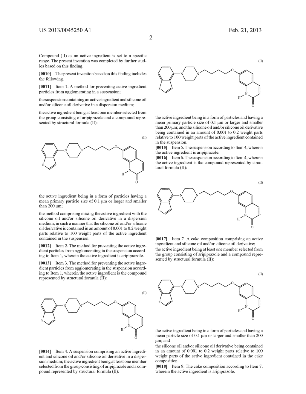 SUSPENSION AND CAKE COMPOSITION CONTAINING CARBOSTYRYL DERIVATIVE AND     SILICONE OIL AND/OR SILICONE OIL DERIVATIVE - diagram, schematic, and image 03