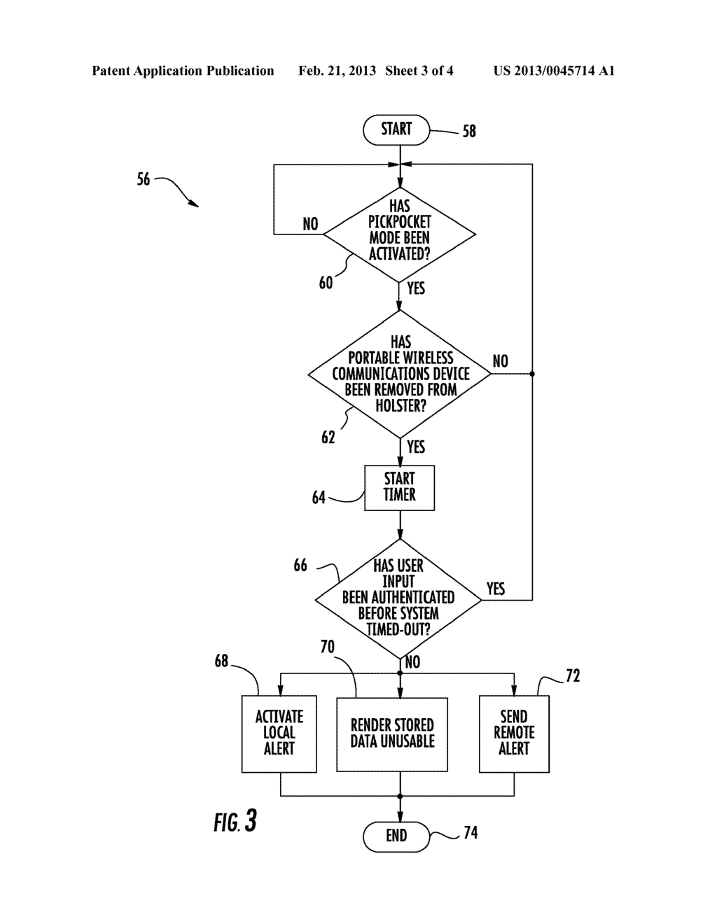 PORTABLE WIRELESS COMMUNICATIONS DEVICE INCLUDING PICKPOCKET NOTIFICATION     AND RELATED METHODS - diagram, schematic, and image 04