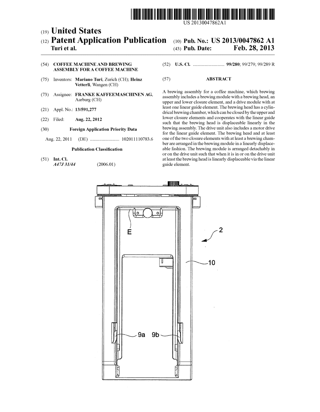 COFFEE MACHINE AND BREWING ASSEMBLY FOR A COFFEE MACHINE - diagram, schematic, and image 01