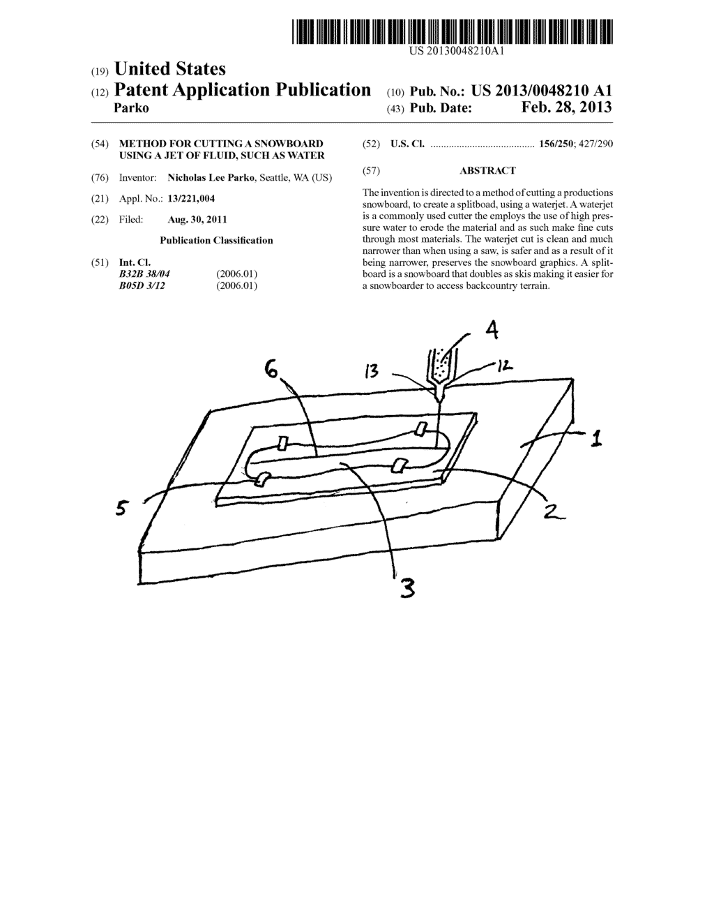 Method for cutting a snowboard using a jet of fluid, such as water - diagram, schematic, and image 01