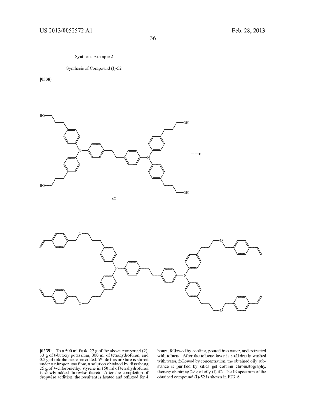 COMPOUND, CHARGE TRANSPORTING FILM, PHOTOELECTRIC CONVERSION DEVICE, AND     ELECTROPHOTOGRAPHIC PHOTORECEPTOR USING THE COMPOUND, METHOD OF PRODUCING     ELECTROPHOTOGRAPHIC PHOTORECEPTOR, PROCESS CARTRIDGE, AND IMAGE FORMING     APPARATUS - diagram, schematic, and image 56