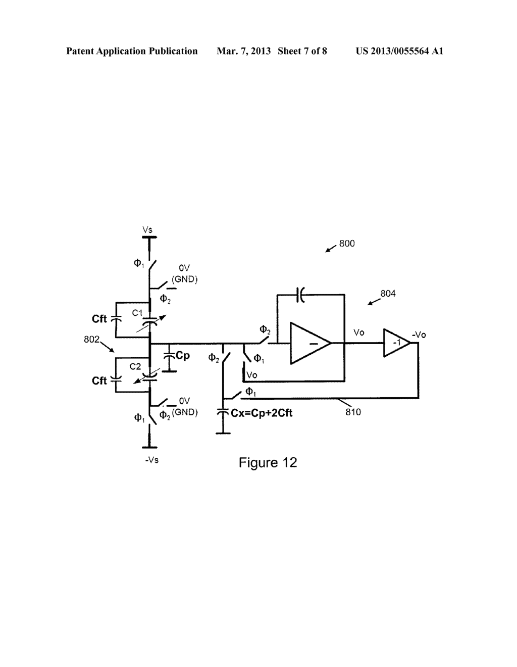 LINEAR CAPACITANCE-TO-VOLTAGE CONVERTER USING A SINGLE AMPLIFIER FOR     TRANSDUCER FRONT ENDS WITH CANCELLATION OF SPURIOUS FORCES CONTRIBUTED BY     SENSOR CIRCUITRY - diagram, schematic, and image 08