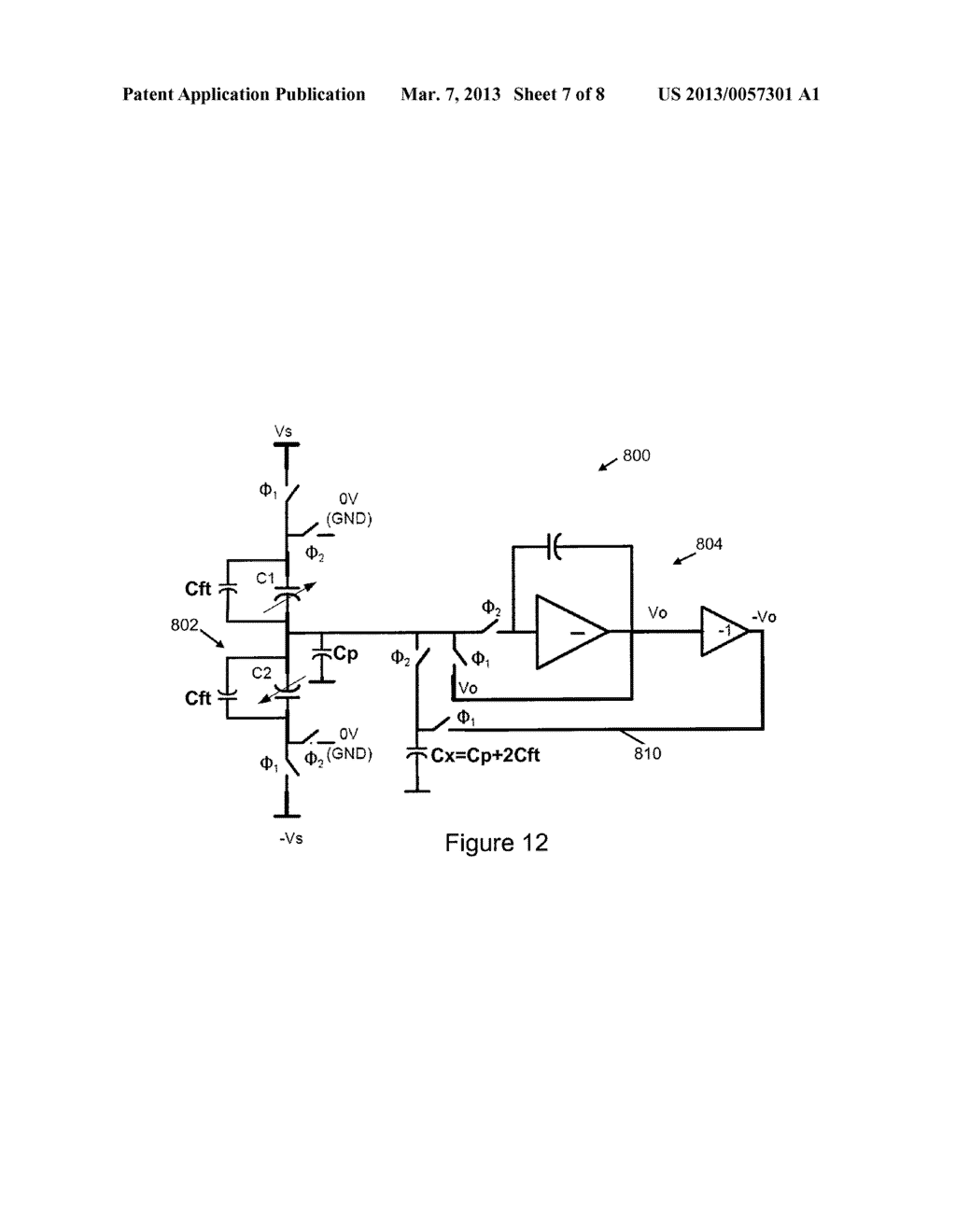 LINEAR CAPACITANCE-TO-VOLTAGE CONVERTER USING A SINGLE AMPLIFIER FOR     ACCELEROMETER FRONT ENDS WITH CANCELLATION OF SPURIOUS FORCES CONTRIBUTED     BY SENSOR CIRCUITRY - diagram, schematic, and image 08