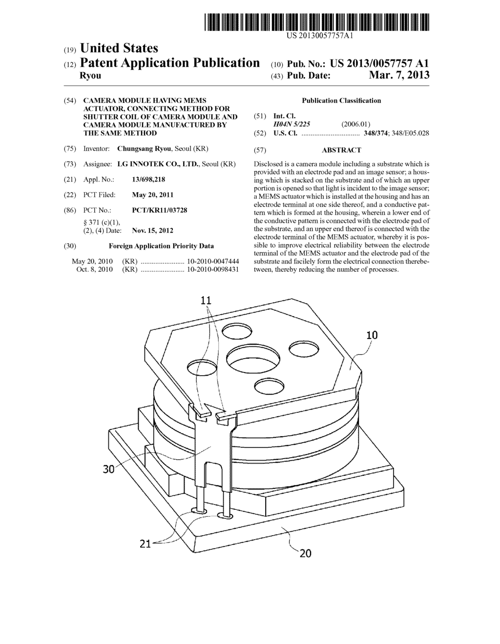 CAMERA MODULE HAVING MEMS ACTUATOR, CONNECTING METHOD FOR SHUTTER COIL OF     CAMERA MODULE AND CAMERA MODULE MANUFACTURED BY THE SAME METHOD - diagram, schematic, and image 01