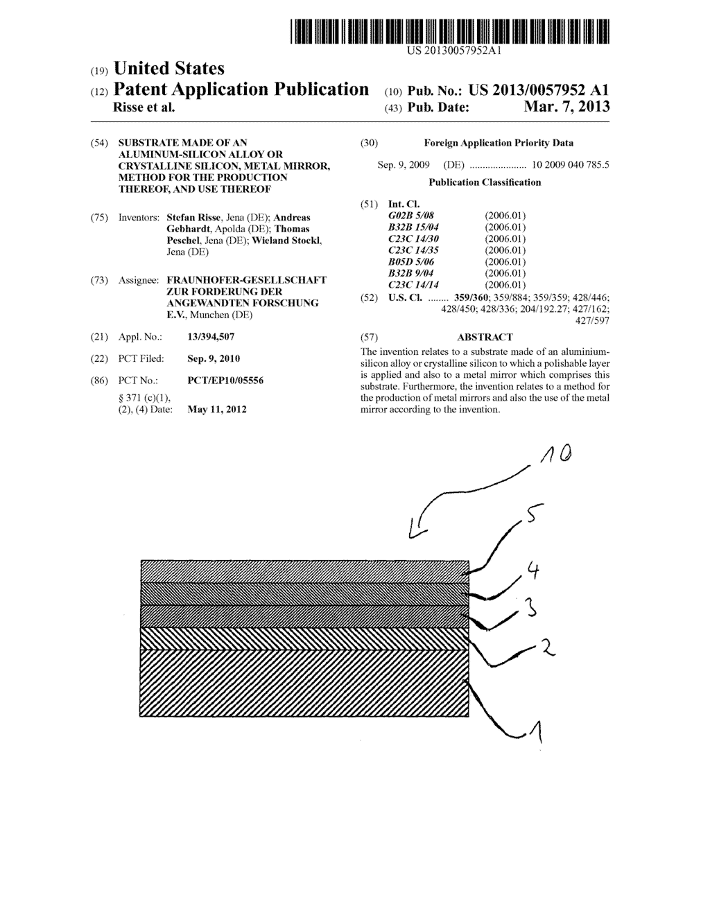 SUBSTRATE MADE OF AN ALUMINUM-SILICON ALLOY OR CRYSTALLINE SILICON, METAL     MIRROR, METHOD FOR THE PRODUCTION THEREOF, AND USE THEREOF - diagram, schematic, and image 01