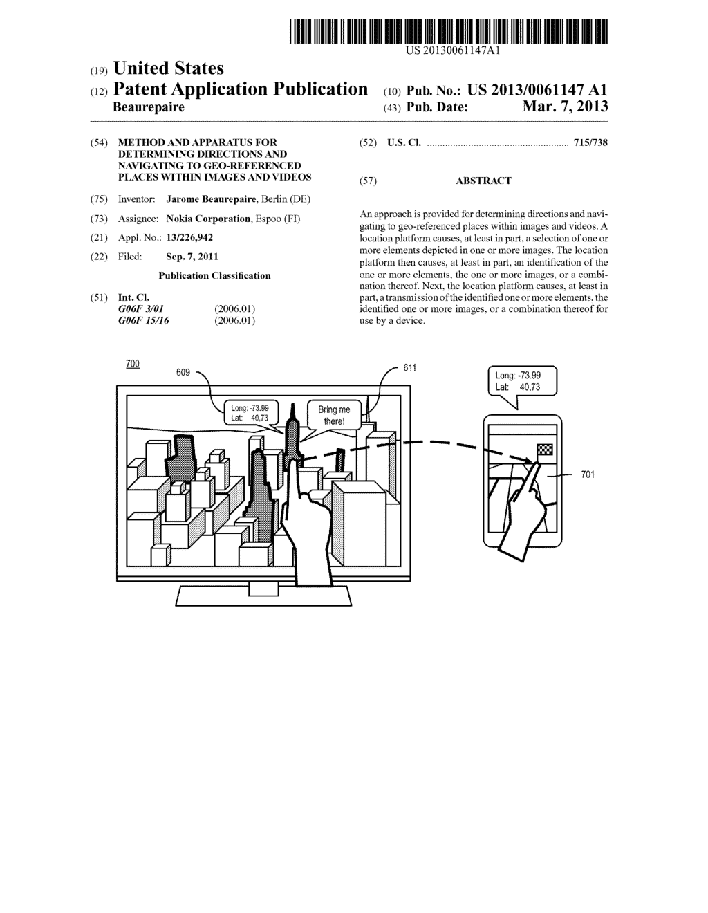 METHOD AND APPARATUS FOR DETERMINING DIRECTIONS AND  NAVIGATING TO     GEO-REFERENCED PLACES WITHIN IMAGES AND VIDEOS - diagram, schematic, and image 01