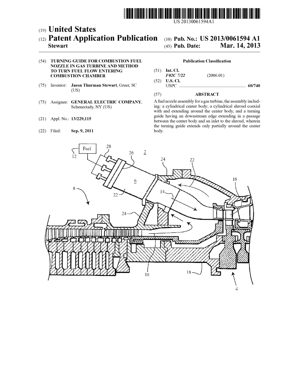 TURNING GUIDE FOR COMBUSTION FUEL NOZZLE IN GAS TURBINE AND METHOD TO TURN     FUEL FLOW ENTERING COMBUSTION CHAMBER - diagram, schematic, and image 01