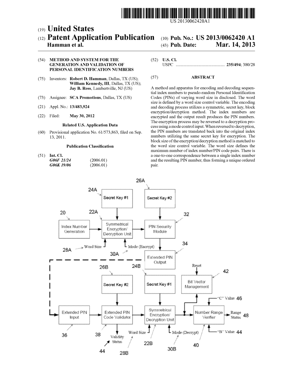 METHOD AND SYSTEM FOR THE GENERATION AND VALIDATION OF PERSONAL     IDENTIFICATION NUMBERS - diagram, schematic, and image 01