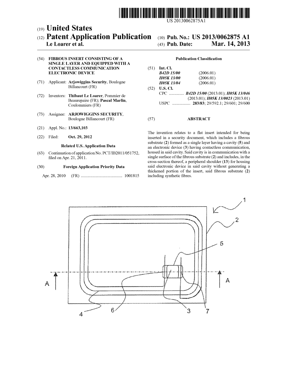 FIBROUS INSERT CONSISTING OF A SINGLE LAYER AND EQUIPPED WITH A     CONTACTLESS COMMUNICATION ELECTRONIC DEVICE - diagram, schematic, and image 01