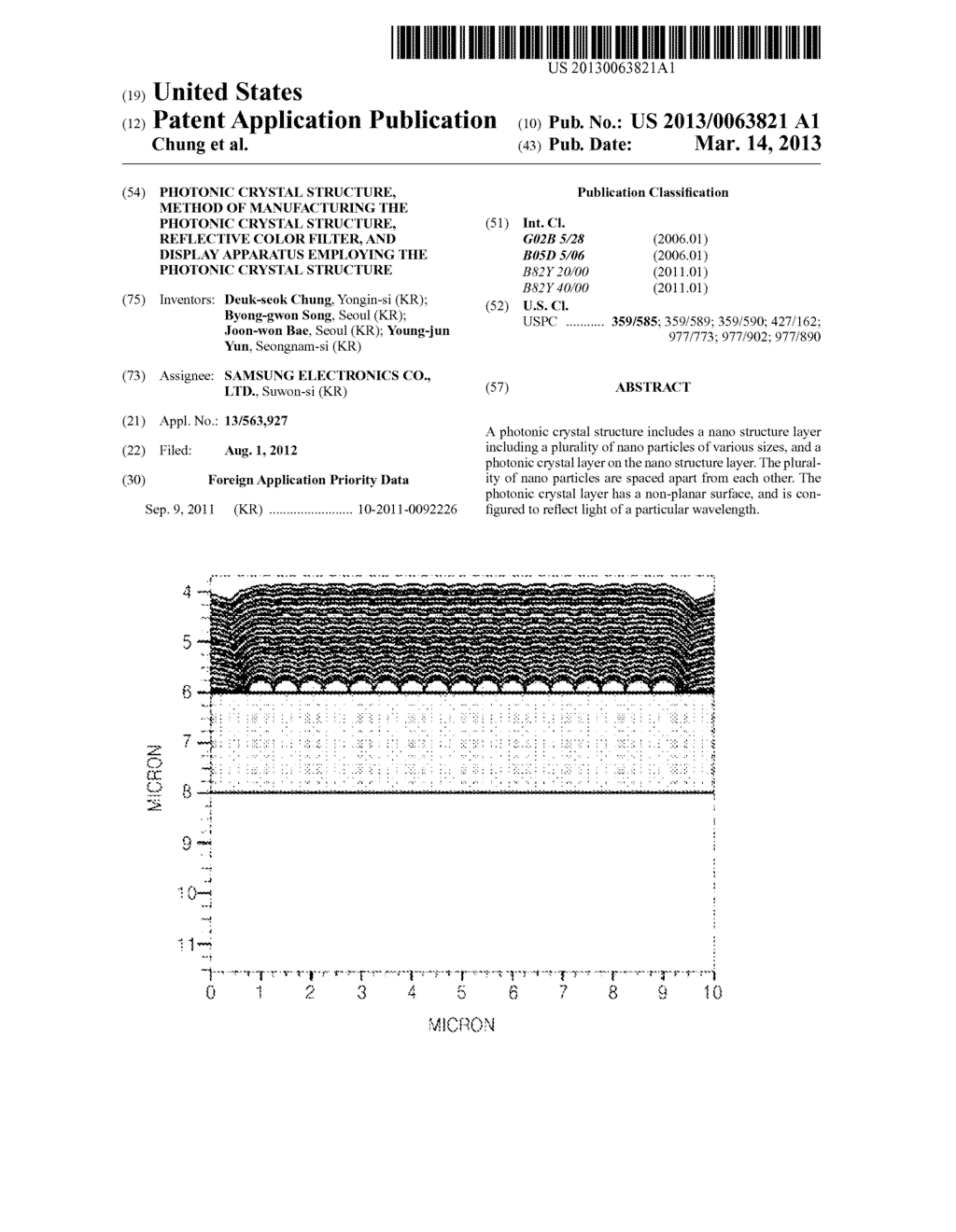 PHOTONIC CRYSTAL STRUCTURE, METHOD OF MANUFACTURING THE PHOTONIC CRYSTAL     STRUCTURE, REFLECTIVE COLOR FILTER, AND DISPLAY APPARATUS EMPLOYING THE     PHOTONIC CRYSTAL STRUCTURE - diagram, schematic, and image 01