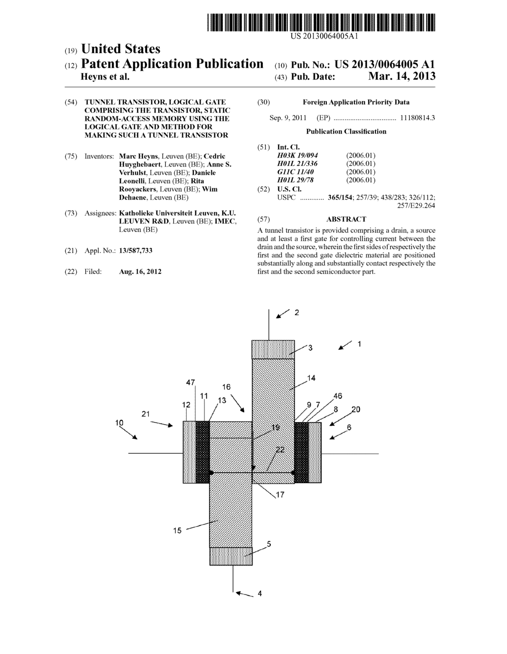 TUNNEL TRANSISTOR, LOGICAL GATE COMPRISING THE TRANSISTOR, STATIC     RANDOM-ACCESS MEMORY USING THE LOGICAL GATE AND METHOD FOR MAKING SUCH A     TUNNEL TRANSISTOR - diagram, schematic, and image 01