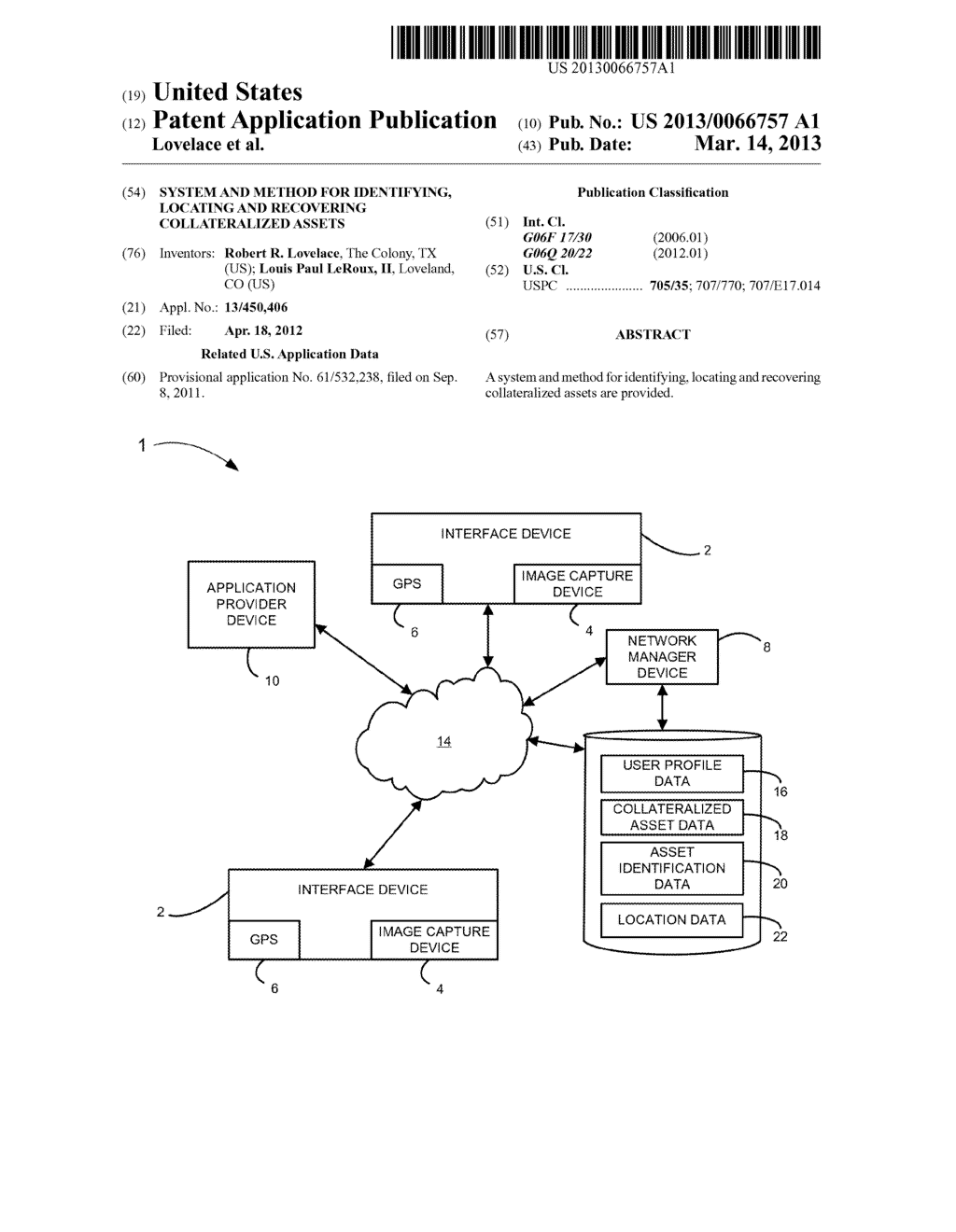 SYSTEM AND METHOD FOR IDENTIFYING, LOCATING AND RECOVERING COLLATERALIZED     ASSETS - diagram, schematic, and image 01