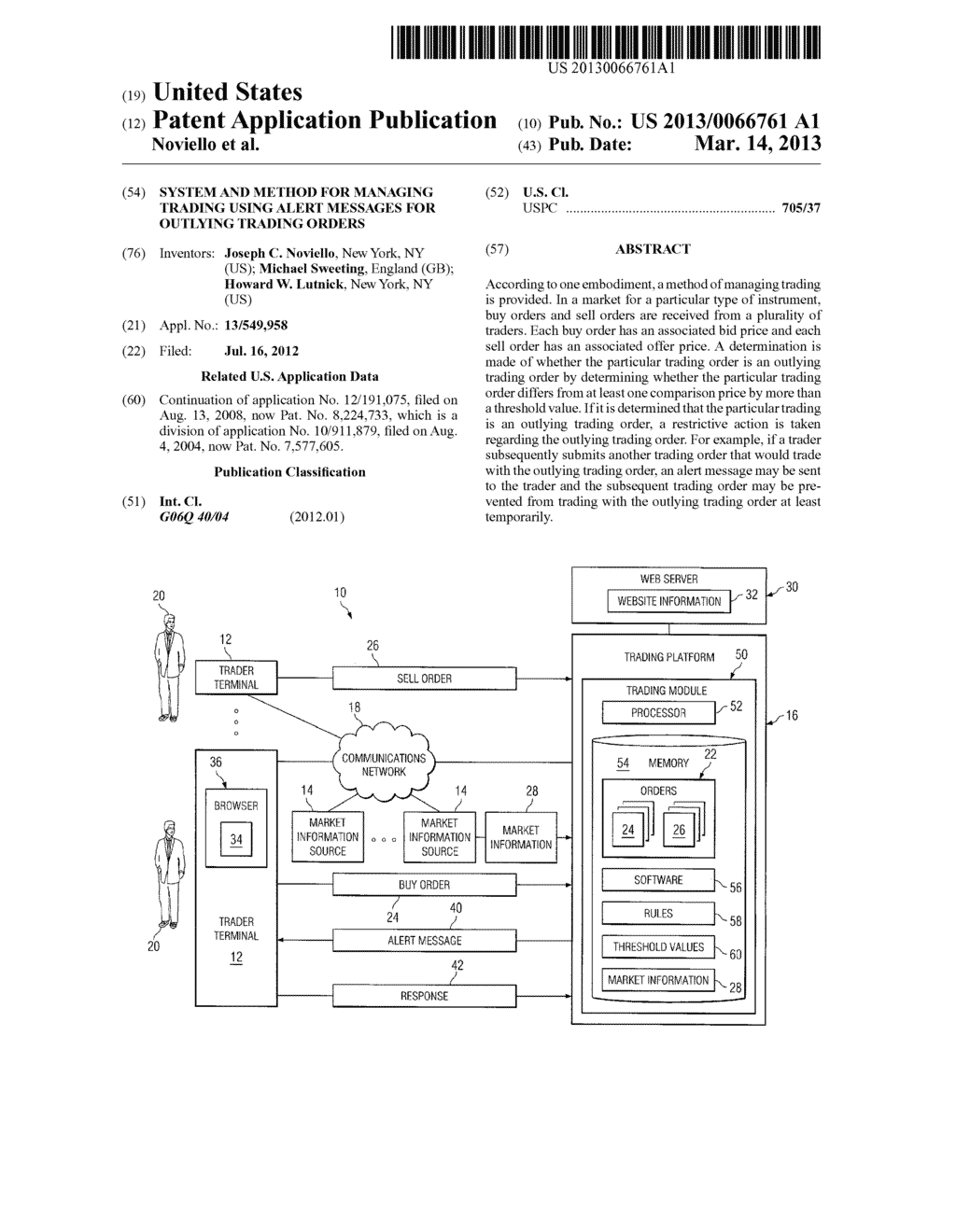 System and Method for Managing Trading Using Alert Messages for Outlying     Trading Orders - diagram, schematic, and image 01