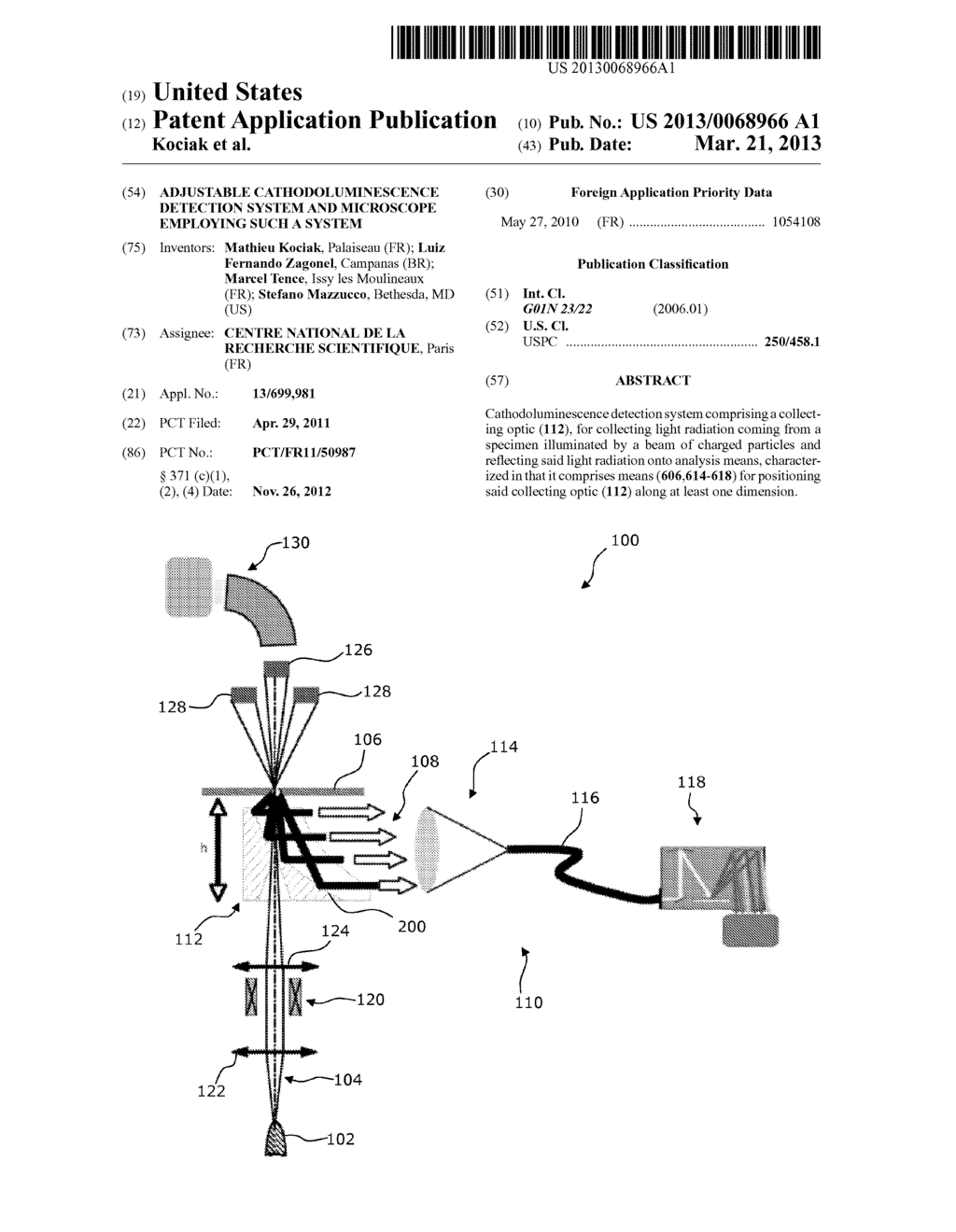 ADJUSTABLE CATHODOLUMINESCENCE DETECTION SYSTEM AND MICROSCOPE EMPLOYING     SUCH A SYSTEM - diagram, schematic, and image 01