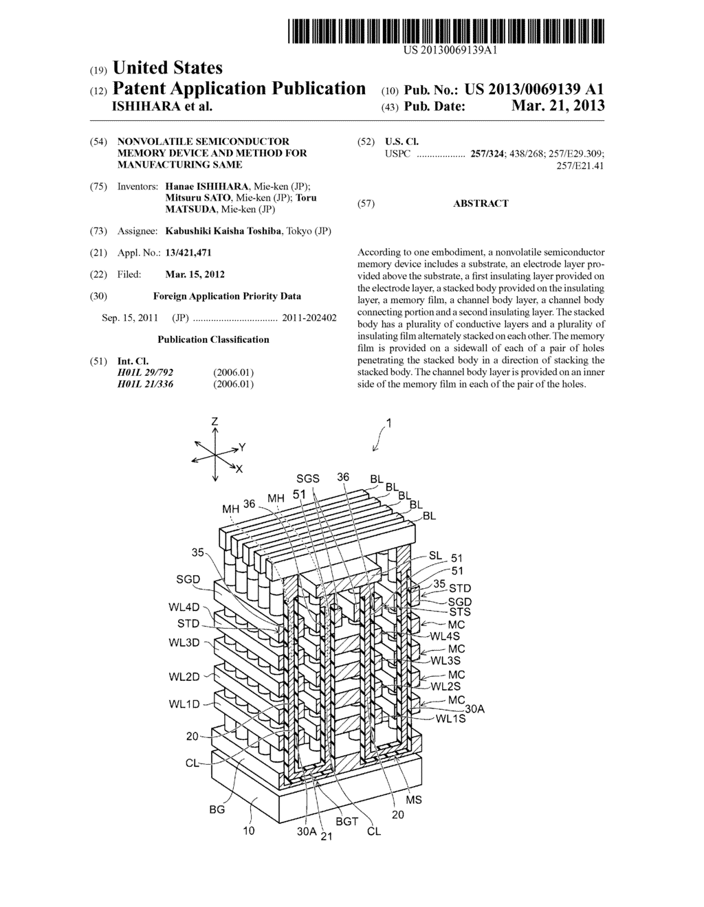 NONVOLATILE SEMICONDUCTOR MEMORY DEVICE AND METHOD FOR MANUFACTURING SAME - diagram, schematic, and image 01