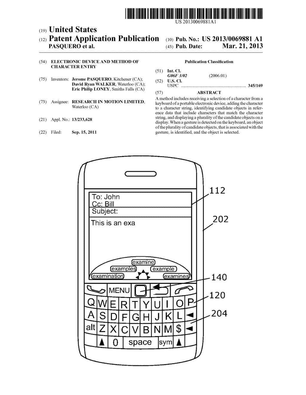 ELECTRONIC DEVICE AND METHOD OF CHARACTER ENTRY - diagram, schematic, and image 01