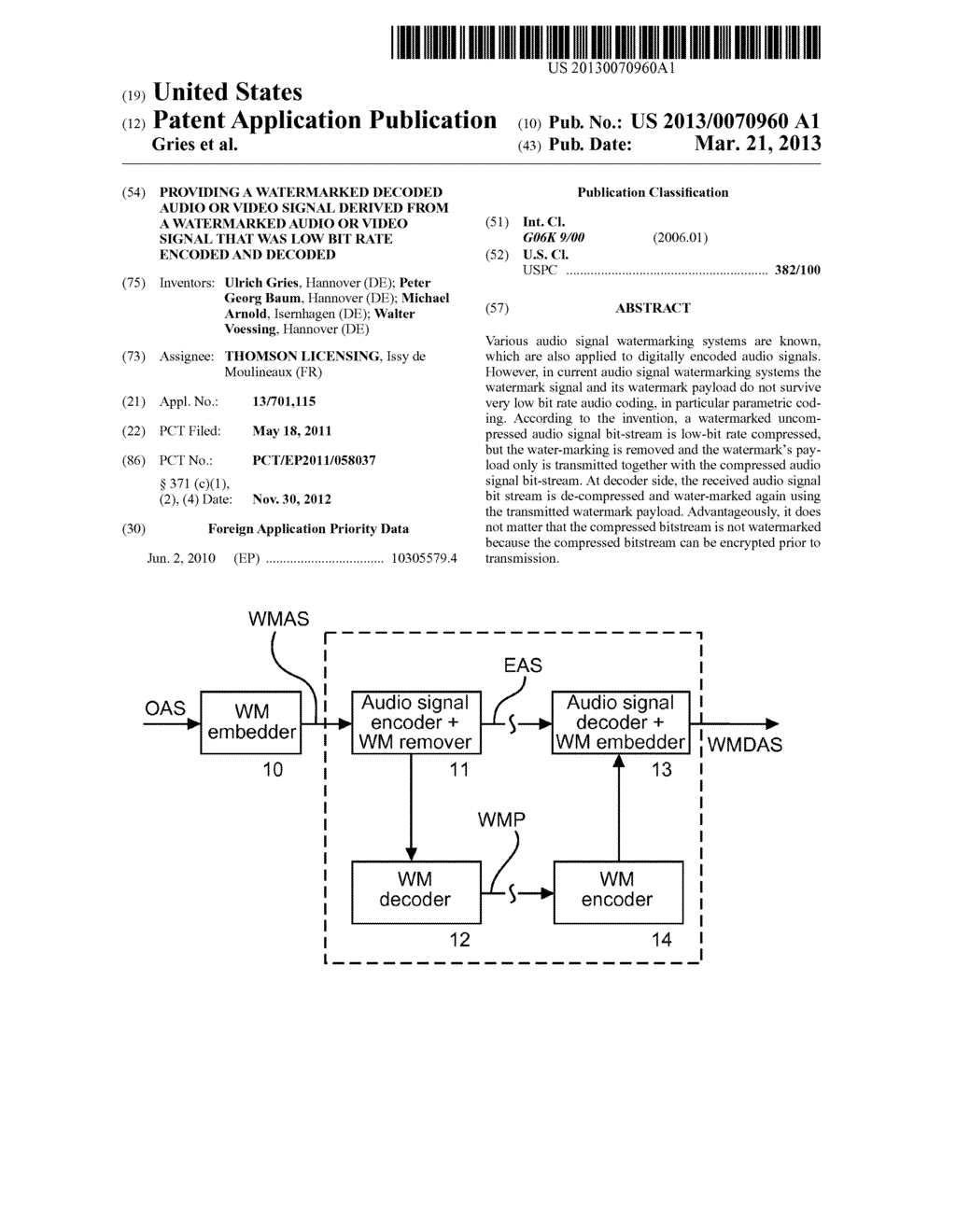 PROVIDING A WATERMARKED DECODED AUDIO OR VIDEO SIGNAL DERIVED FROM A     WATERMARKED AUDIO OR VIDEO SIGNAL THAT WAS LOW BIT RATE ENCODED AND     DECODED - diagram, schematic, and image 01