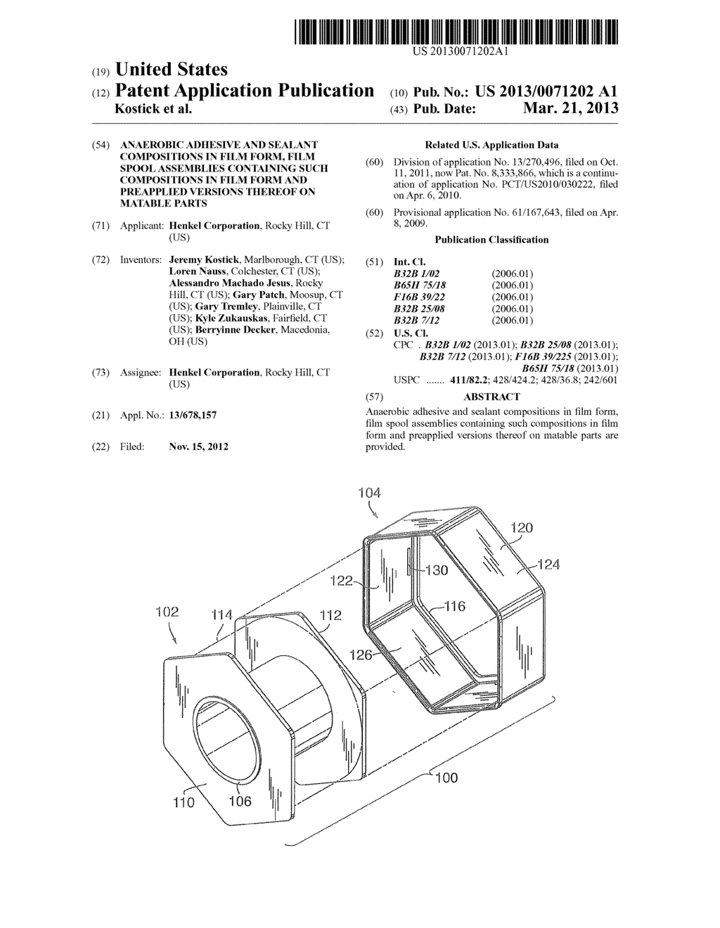 ANAEROBIC ADHESIVE AND SEALANT COMPOSITIONS IN FILM FORM, FILM SPOOL     ASSEMBLIES CONTAINING SUCH COMPOSITIONS IN FILM FORM AND PREAPPLIED     VERSIONS THEREOF ON MATABLE PARTS - diagram, schematic, and image 01