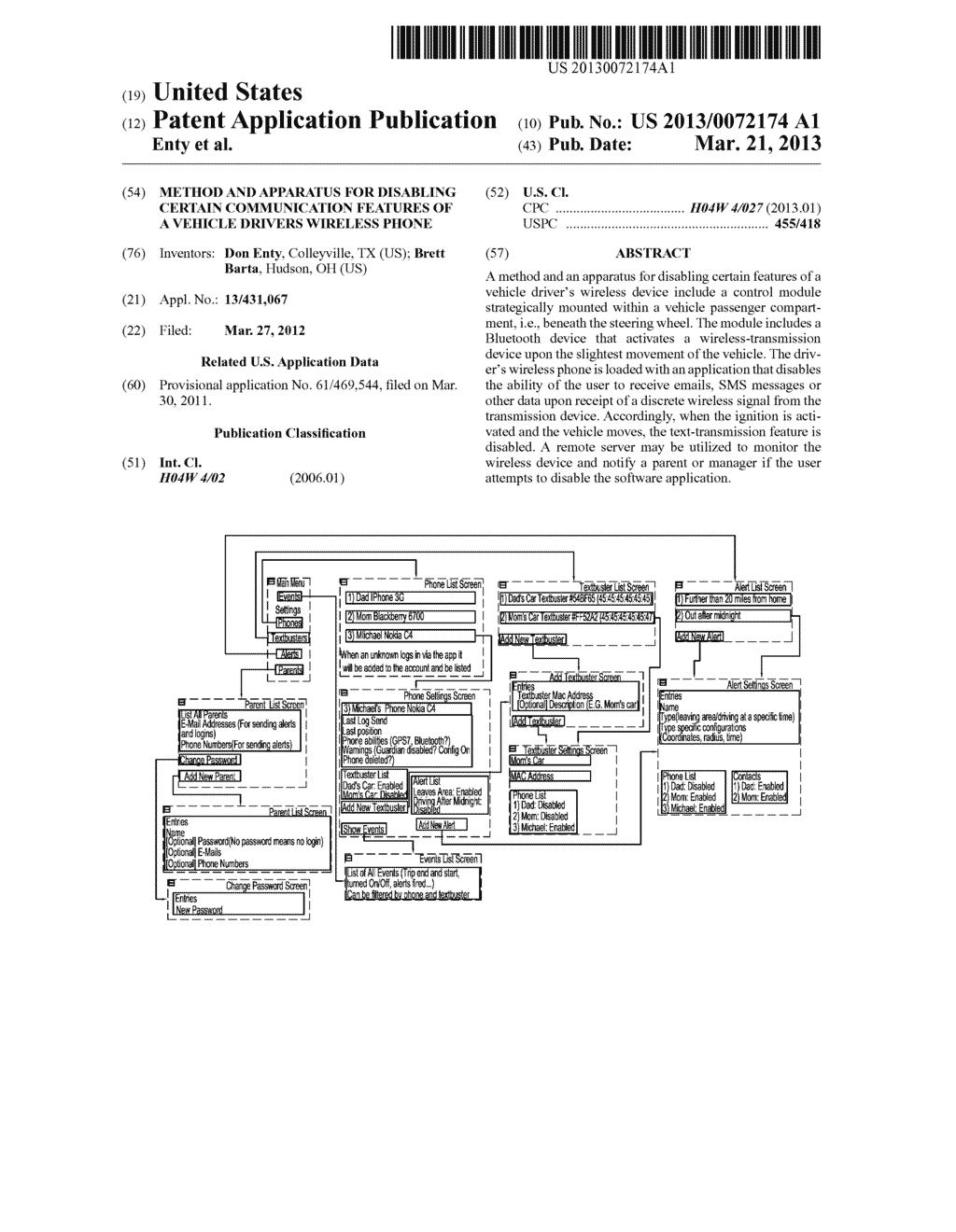 METHOD AND APPARATUS FOR DISABLING CERTAIN COMMUNICATION FEATURES OF A     VEHICLE DRIVERS WIRELESS PHONE - diagram, schematic, and image 01