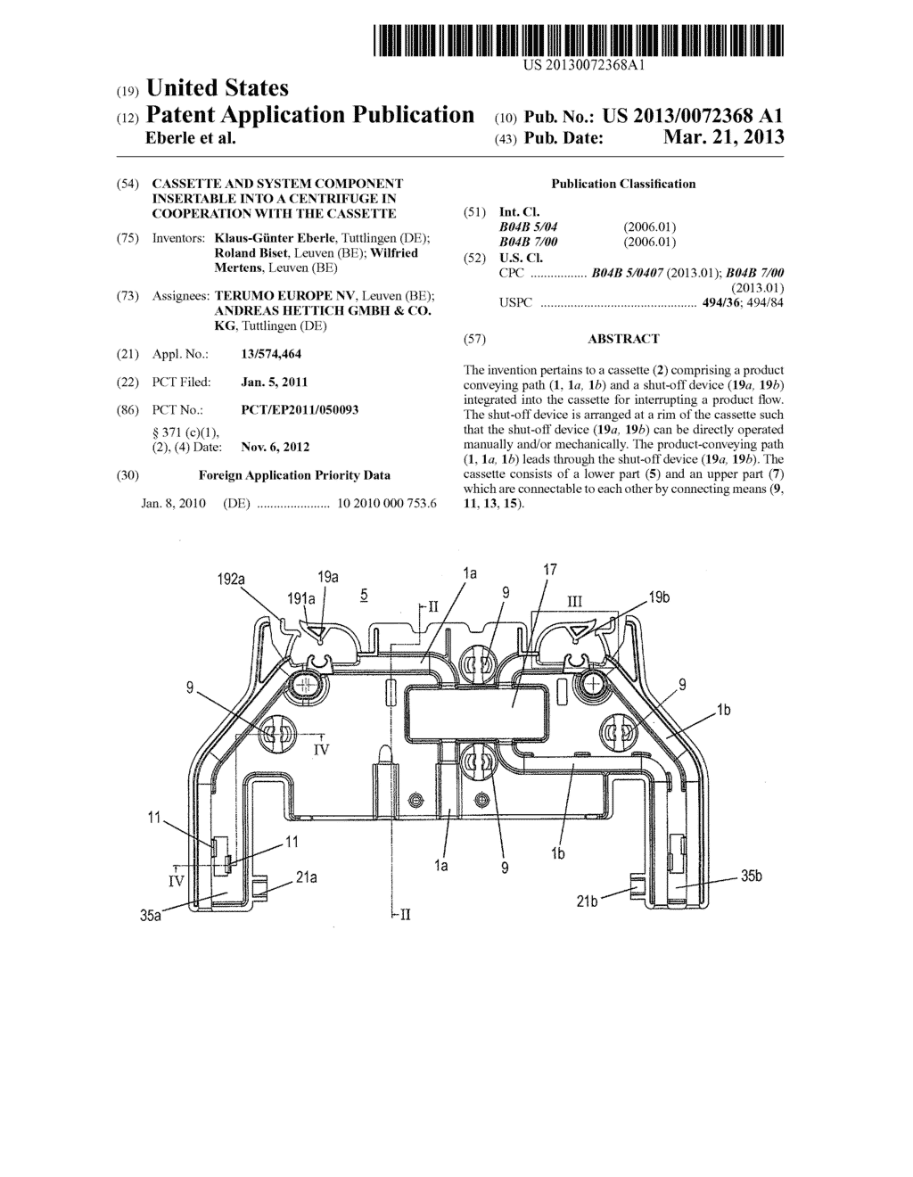 CASSETTE AND SYSTEM COMPONENT INSERTABLE INTO A CENTRIFUGE IN COOPERATION     WITH THE CASSETTE - diagram, schematic, and image 01