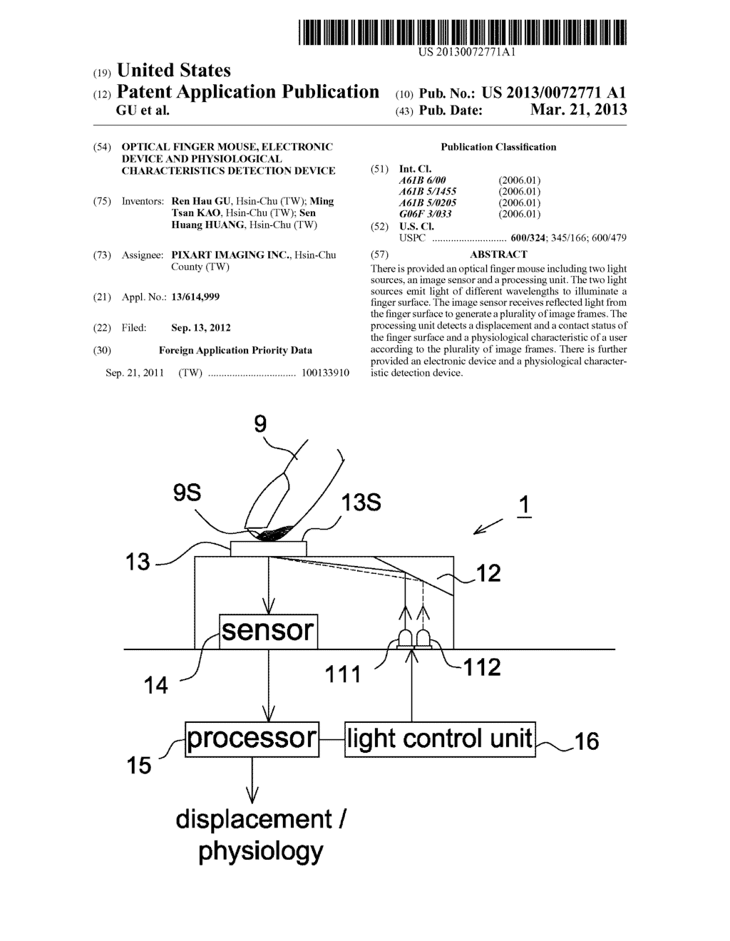 OPTICAL FINGER MOUSE, ELECTRONIC DEVICE AND PHYSIOLOGICAL CHARACTERISTICS     DETECTION DEVICE - diagram, schematic, and image 01