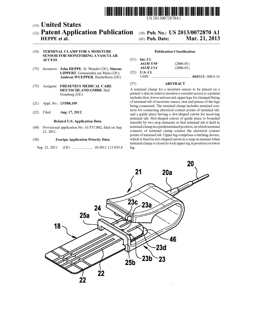 TERMINAL CLAMP FOR A MOISTURE SENSOR FOR MONITORING A VASCULAR ACCESS - diagram, schematic, and image 01