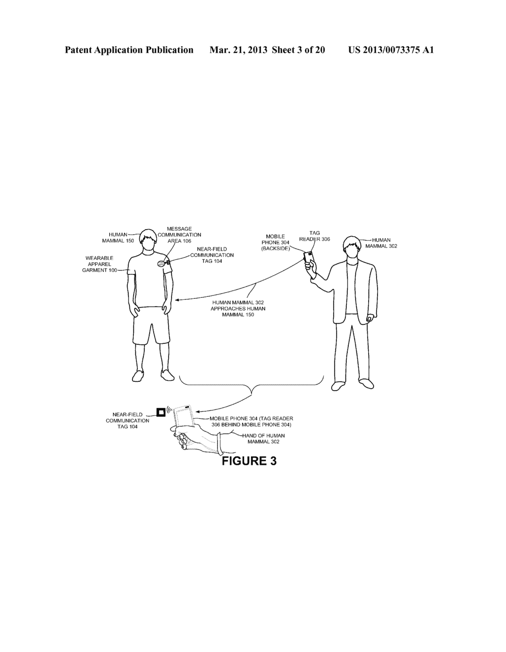 NEAR-FIELD COMMUNICATION ENABLED WEARABLE APPAREL GARMENT AND METHOD TO     CAPTURE GEOSPATIAL AND SOCIALLY RELEVANT DATA OF A WEARER OF THE WEARABLE     APPAREL GARMENT AND/OR A USER OF A READER DEVICE ASSOCIATED THEREWITH - diagram, schematic, and image 04