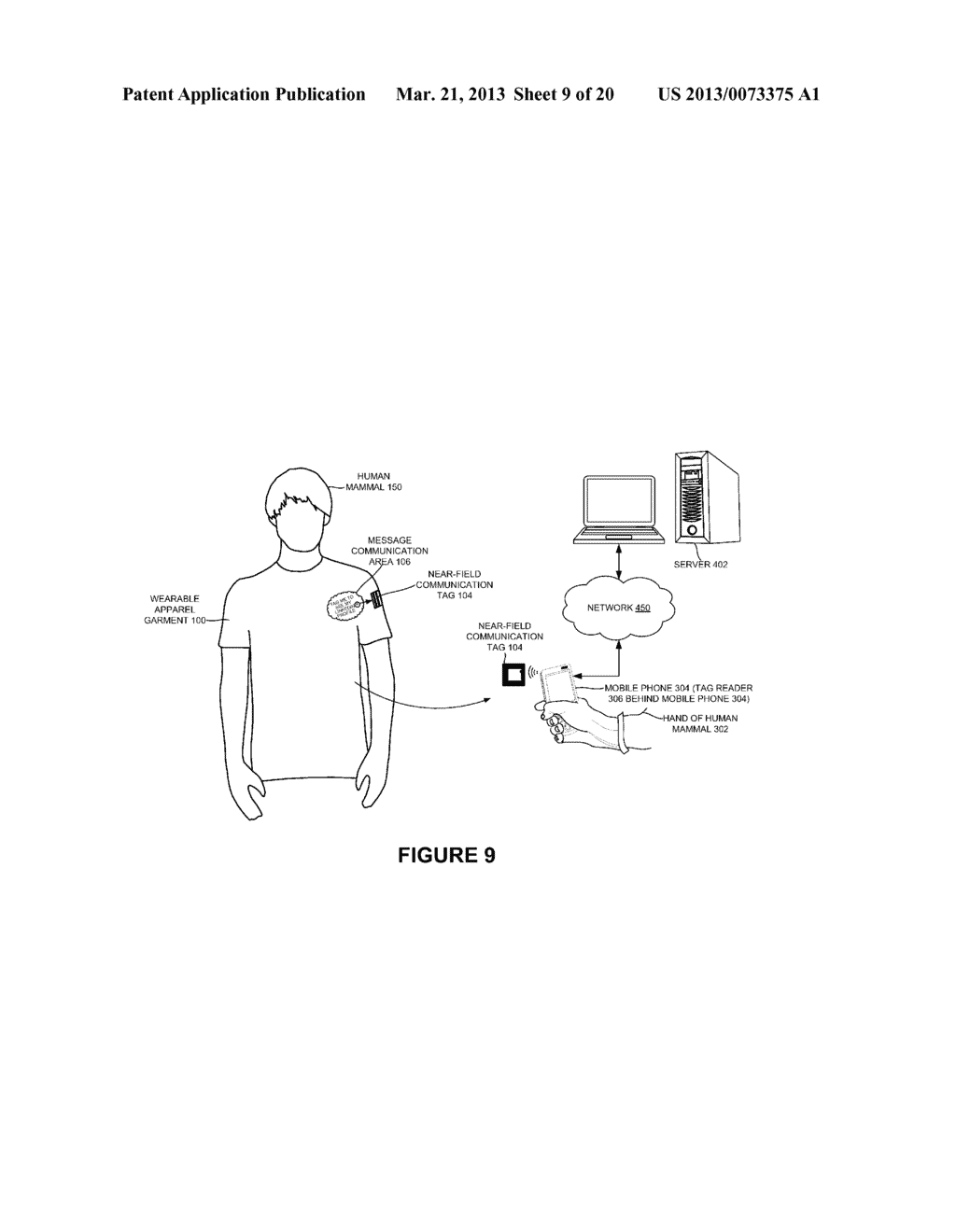 NEAR-FIELD COMMUNICATION ENABLED WEARABLE APPAREL GARMENT AND METHOD TO     CAPTURE GEOSPATIAL AND SOCIALLY RELEVANT DATA OF A WEARER OF THE WEARABLE     APPAREL GARMENT AND/OR A USER OF A READER DEVICE ASSOCIATED THEREWITH - diagram, schematic, and image 10