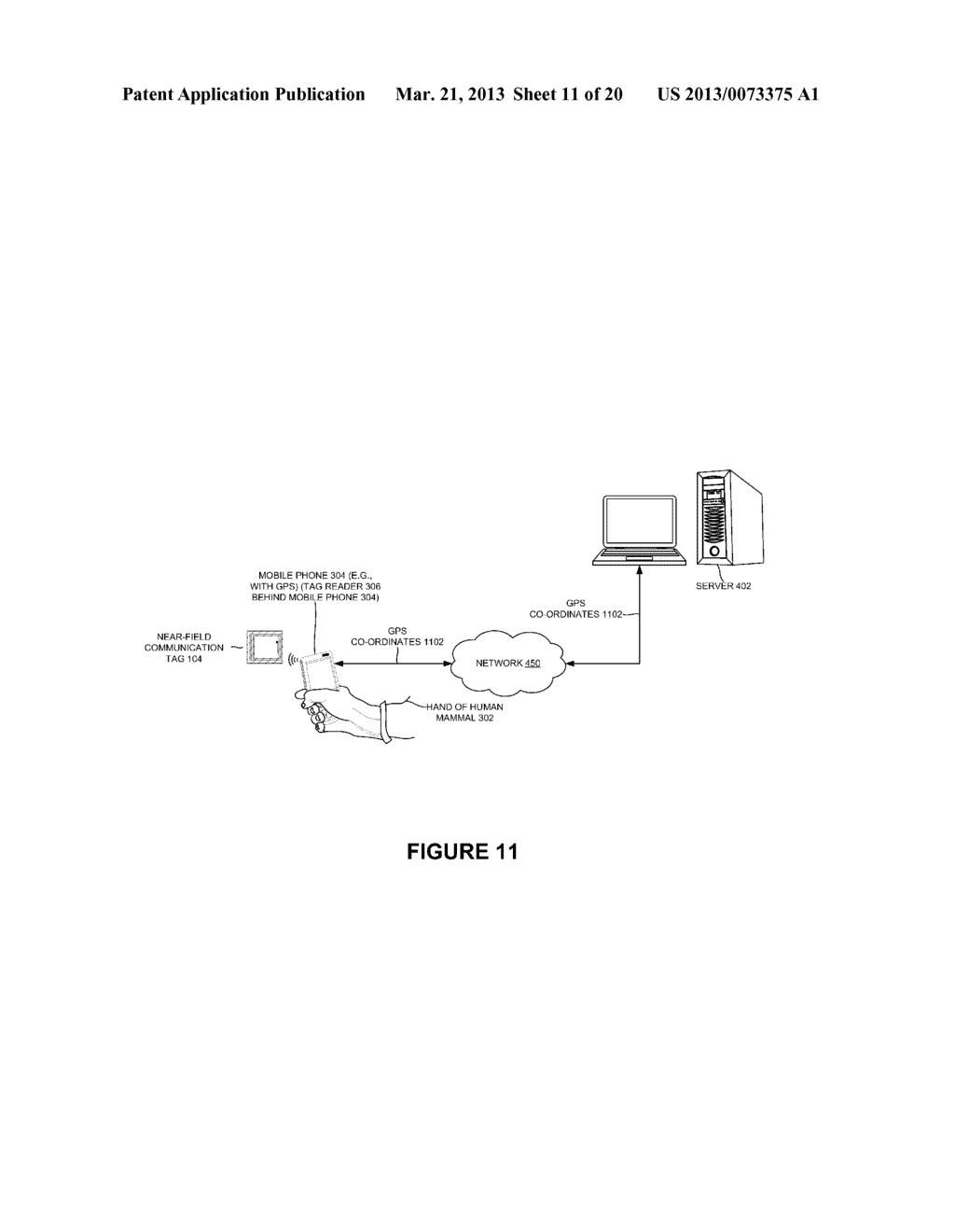 NEAR-FIELD COMMUNICATION ENABLED WEARABLE APPAREL GARMENT AND METHOD TO     CAPTURE GEOSPATIAL AND SOCIALLY RELEVANT DATA OF A WEARER OF THE WEARABLE     APPAREL GARMENT AND/OR A USER OF A READER DEVICE ASSOCIATED THEREWITH - diagram, schematic, and image 12