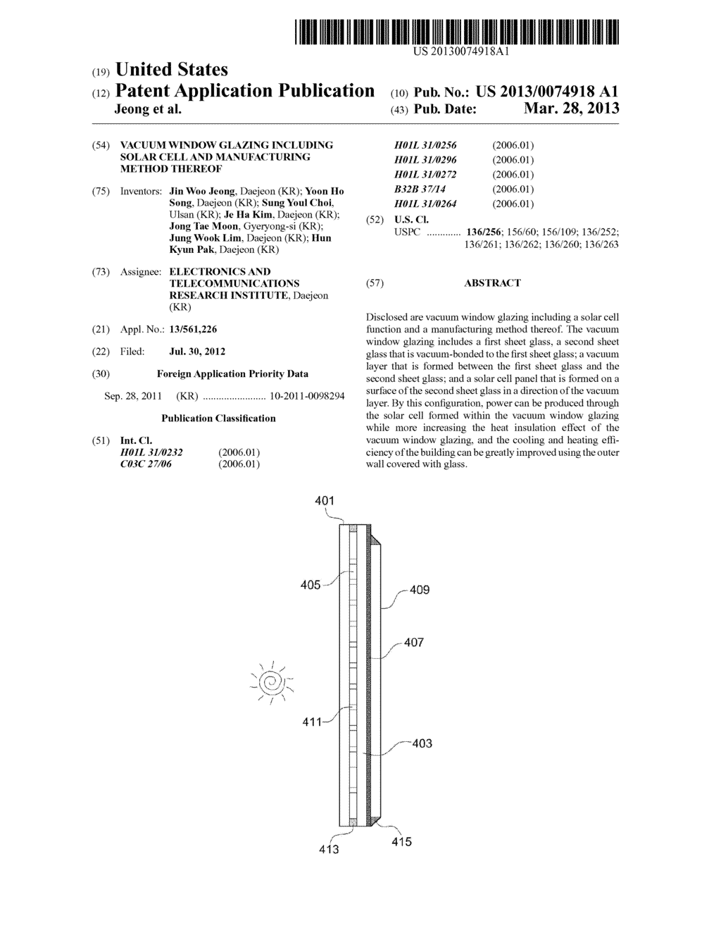 VACUUM WINDOW GLAZING INCLUDING SOLAR CELL AND MANUFACTURING METHOD     THEREOF - diagram, schematic, and image 01