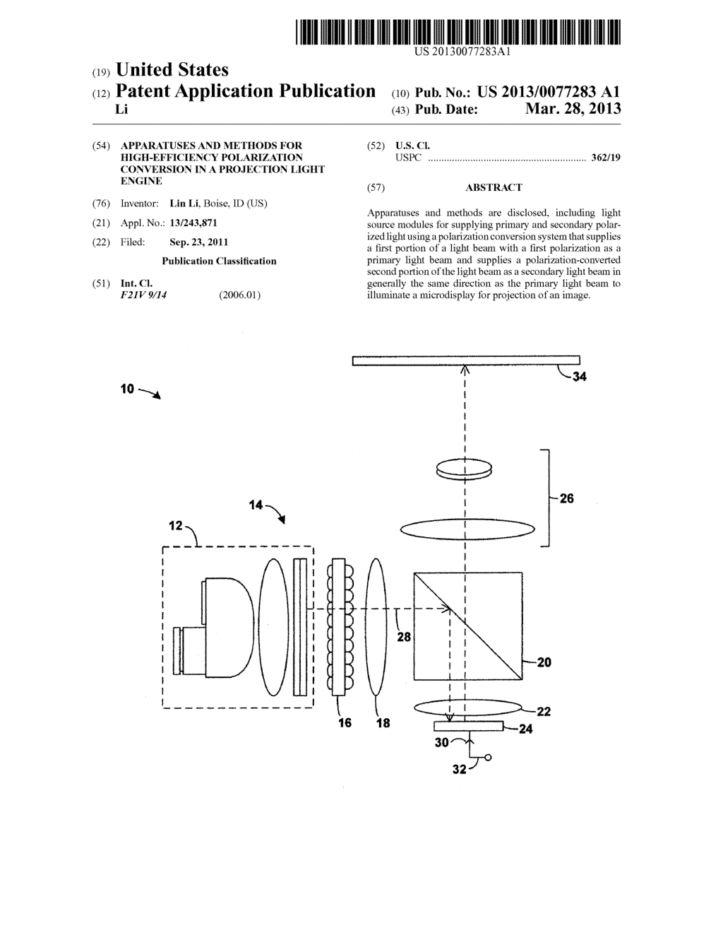 APPARATUSES AND METHODS FOR HIGH-EFFICIENCY POLARIZATION CONVERSION IN A     PROJECTION LIGHT ENGINE - diagram, schematic, and image 01