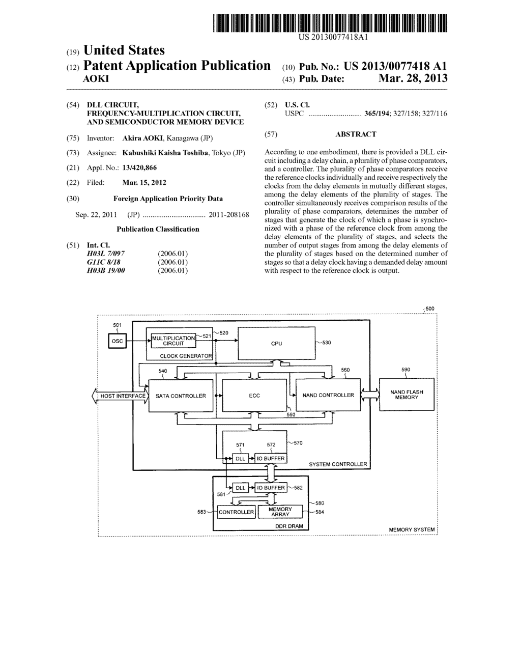 DLL CIRCUIT, FREQUENCY-MULTIPLICATION CIRCUIT, AND SEMICONDUCTOR MEMORY     DEVICE - diagram, schematic, and image 01