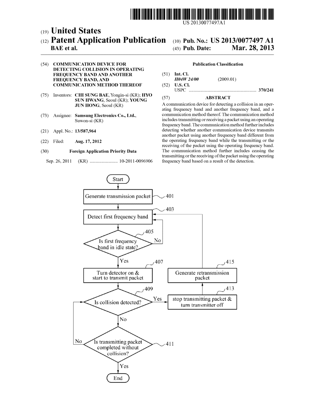 COMMUNICATION DEVICE FOR DETECTING COLLISION IN OPERATING FREQUENCY BAND     AND ANOTHER FREQUENCY BAND, AND COMMUNICATION METHOD THEREOF - diagram, schematic, and image 01